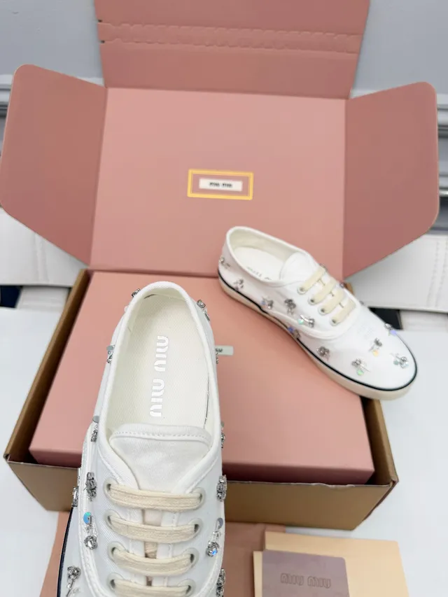 Miu Miu White Beige Embellished Canvas Shoes 2