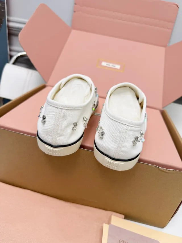 Miu Miu White Beige Embellished Canvas Shoes 3