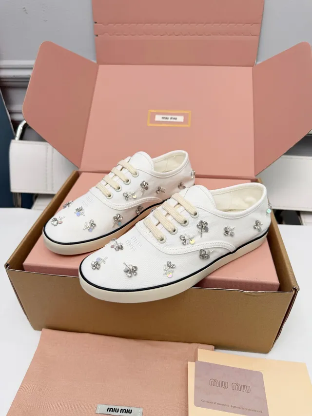 Miu Miu White Beige Embellished Canvas Shoes 4
