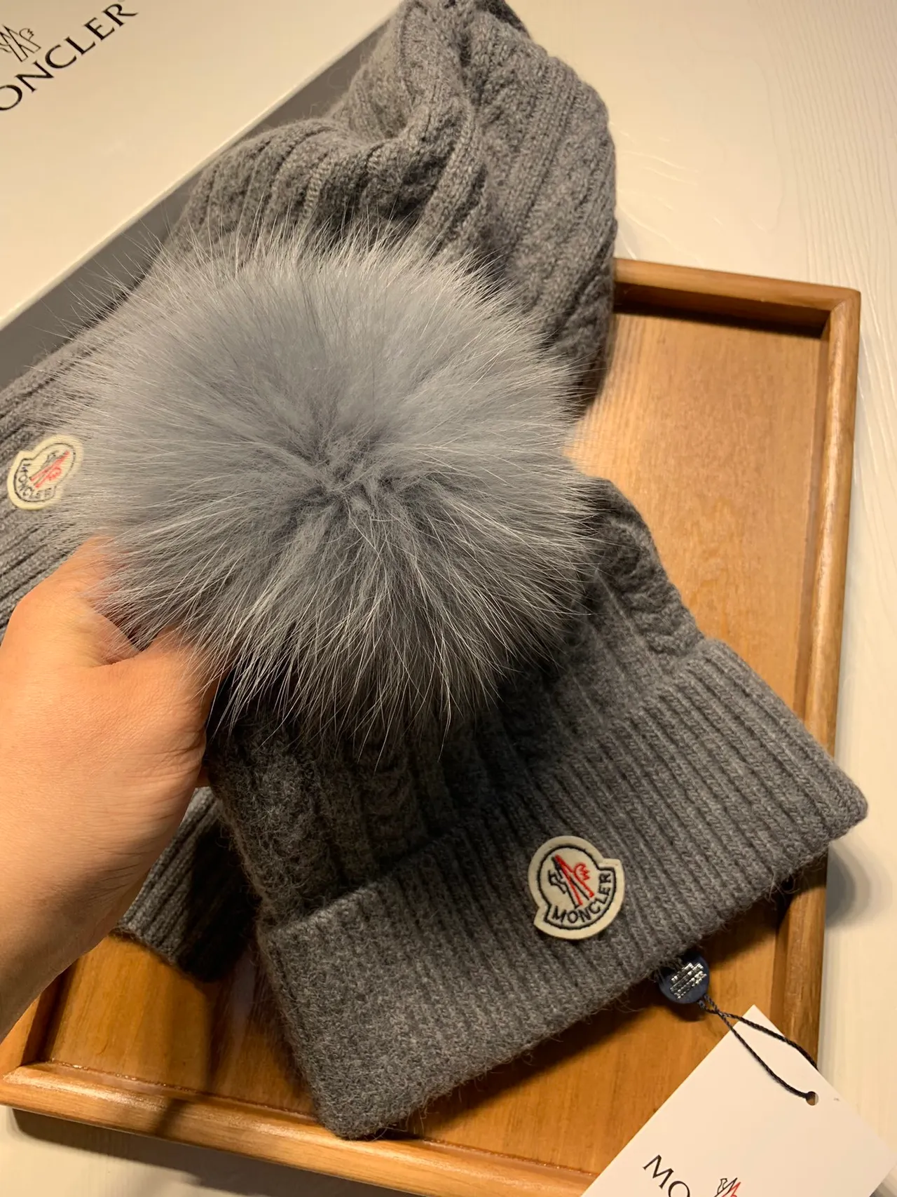 Moncler Gray Cable-Knit Fur Pom-Pom Beanie 9
