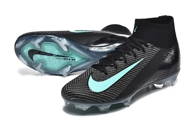 Nike Black Blue High-Cut Knit Upper Mint Teal Swoosh Accent Firm-Ground Soccer Shoes 6