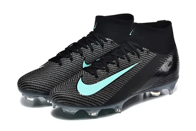 Nike Black Blue High-Cut Knit Upper Mint Teal Swoosh Accent Firm-Ground Soccer Shoes 8