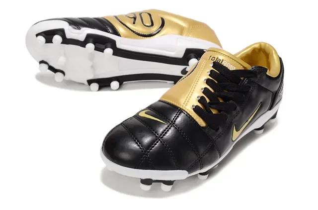 Nike Black Gold Quilted Leather Upper Swoosh Firm-Ground Soccer Shoes 5