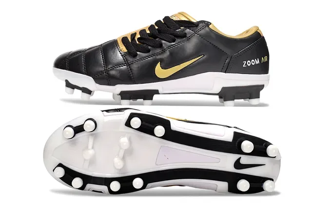 Nike Black Gold Quilted Leather Upper Swoosh Firm-Ground Soccer Shoes 7
