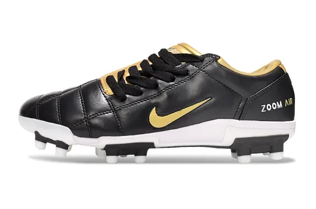 Nike Black Gold Quilted Leather Upper Swoosh Firm-Ground Soccer Shoes 8