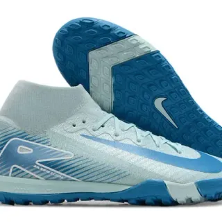 Nike Sapatos de futebol Turf com gola de meia e upper de knit texturizado em azul e branco