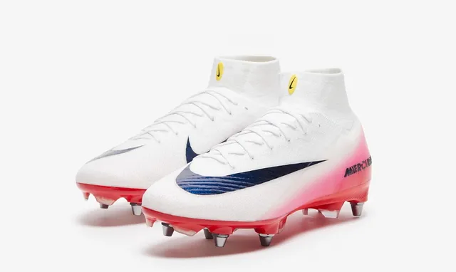 Nike Mercurial Superfly Branco Azul Alto-Corte Flyknit Botinha Swoosh Metálico Campo Firme Sapatos de Futebol 2