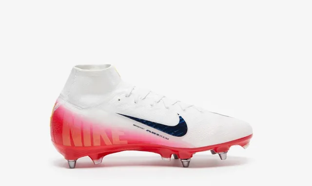 Nike Mercurial Superfly Branco Azul Alto-Corte Flyknit Botinha Swoosh Metálico Campo Firme Sapatos de Futebol 5