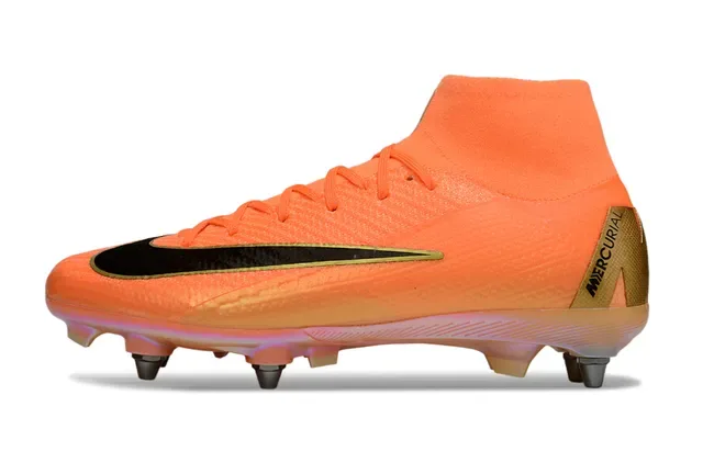 Nike Laranja Dourado Chuteiras de futebol altas de malha sola translúcida iridescente para gramado firme 7