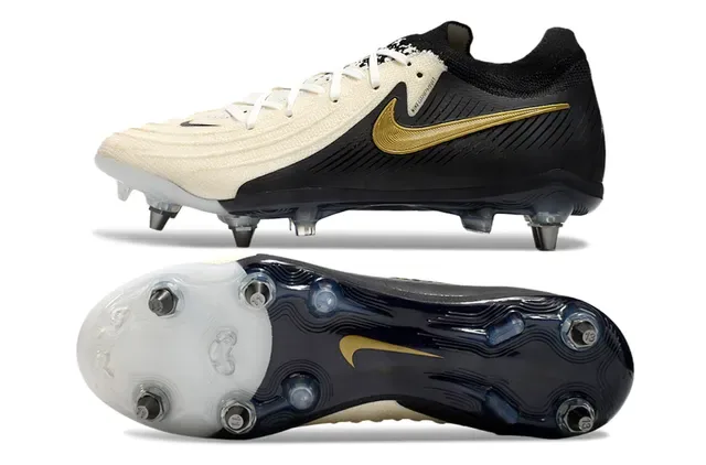 Nike Phantom GT Black Gold Asymmetrical Knit Upper Swoosh Accent Firm-Ground Soccer Shoes 6