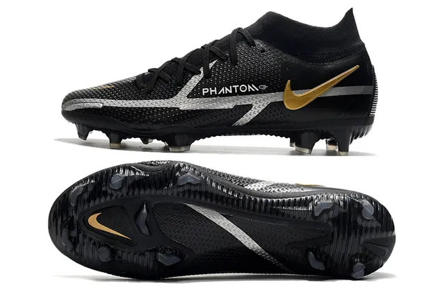 Nike Phantom GT Black Gold Haut-Coupé Tricot Supérieur Lacets Asymétriques Terrain Ferme Chaussures de Football 2