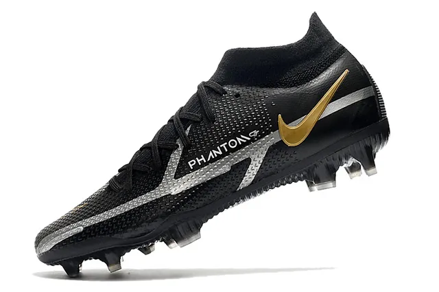 Nike Phantom GT Black Gold Haut-Coupé Tricot Supérieur Lacets Asymétriques Terrain Ferme Chaussures de Football 4