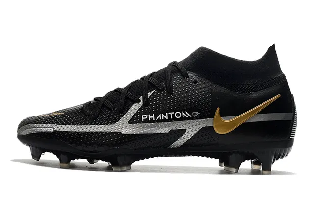 Nike Phantom GT Black Gold Haut-Coupé Tricot Supérieur Lacets Asymétriques Terrain Ferme Chaussures de Football 5
