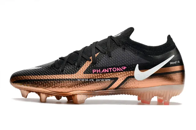 Nike Phantom GT Preto Dourado Baixo Corte Superior Sintético Recobrimento Metálico Cobre Superfície Natural Calçado de Futebol 5