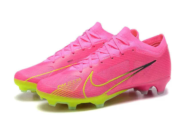 Nike rosa amarelo baixo corte malha superior cadarço assimétrico solo firme sapatos de futebol 8