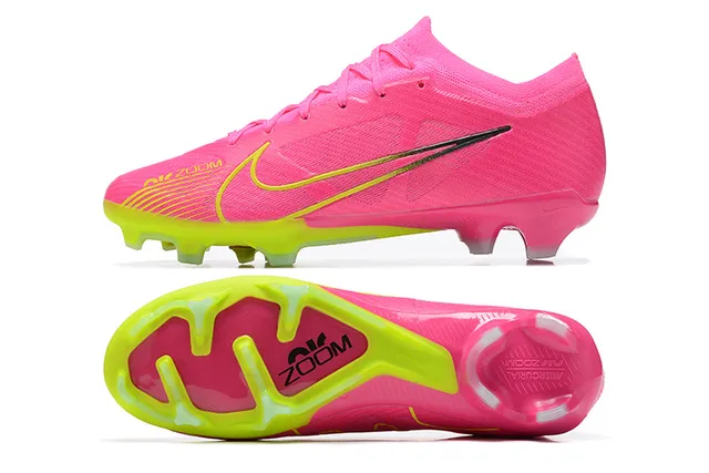 Nike rosa amarelo baixo corte malha superior cadarço assimétrico solo firme sapatos de futebol 9