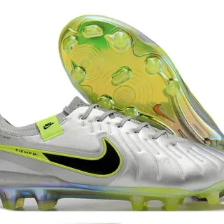Nike Tiempo Silver Green Metallic Upper Neon Lime Accenting Firm-Ground Soccer Shoes