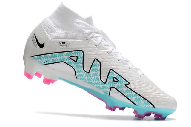 Nike أبيض أزرق فلايكنيت أعلى كول الجوارب عالي القطع أرضية صلبة أحذية كرة القدم 3