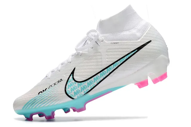 Nike أبيض أزرق فلايكنيت أعلى كول الجوارب عالي القطع أرضية صلبة أحذية كرة القدم 4