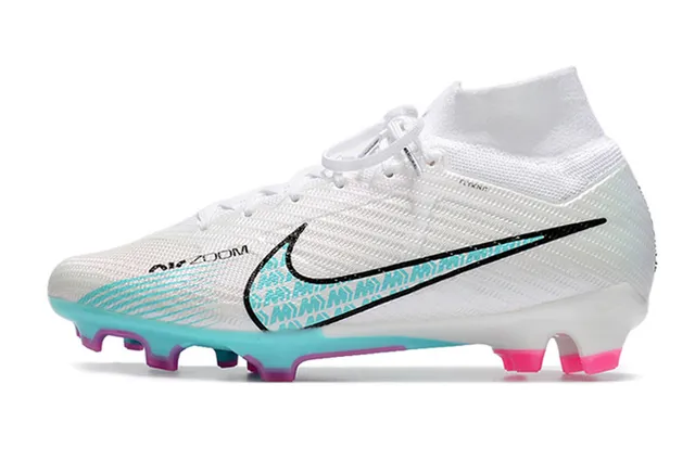 Nike أبيض أزرق فلايكنيت أعلى كول الجوارب عالي القطع أرضية صلبة أحذية كرة القدم 5