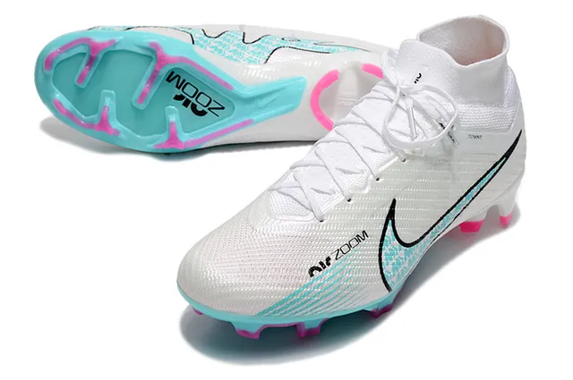Nike أبيض أزرق فلايكنيت أعلى كول الجوارب عالي القطع أرضية صلبة أحذية كرة القدم 6