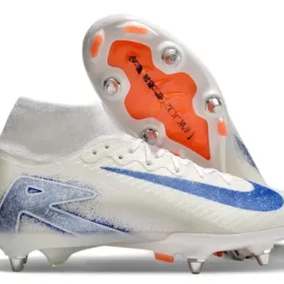 Nike Branco e Azul Alto Corte Colar Ajustado Calcetim Flyknit Superior Sola Firm-Ground Sapatos de Futebol