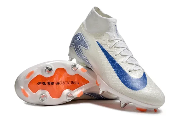 Nike Blanco Azul Alto Corte Colar Ajustado Calcetín Flyknit Superior Suela Firm-Ground Zapatos de Fútbol 3