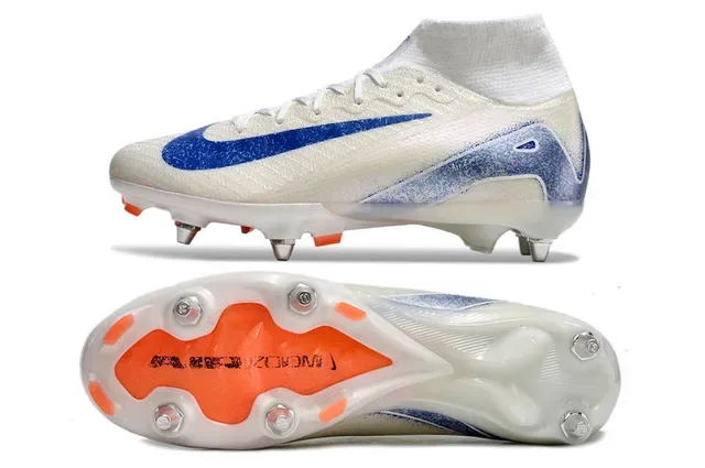 Nike Blanco Azul Alto Corte Colar Ajustado Calcetín Flyknit Superior Suela Firm-Ground Zapatos de Fútbol 5
