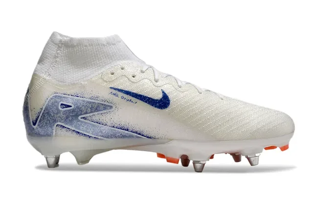 Nike Blanco Azul Alto Corte Colar Ajustado Calcetín Flyknit Superior Suela Firm-Ground Zapatos de Fútbol 7