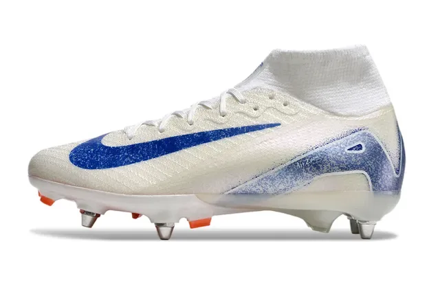 Nike Blanco Azul Alto Corte Colar Ajustado Calcetín Flyknit Superior Suela Firm-Ground Zapatos de Fútbol 8