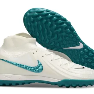 Nike White Blue Sock-Fit Collar Faceted Teal Swoosh Turf Soccer Shoes