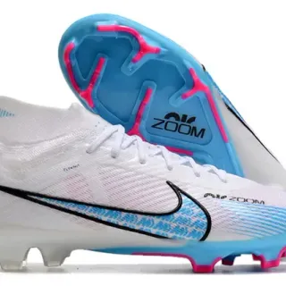 Nike Sapatos de Futebol Brancos Azuis Colar de Meia Sola Translucida Campo Firme