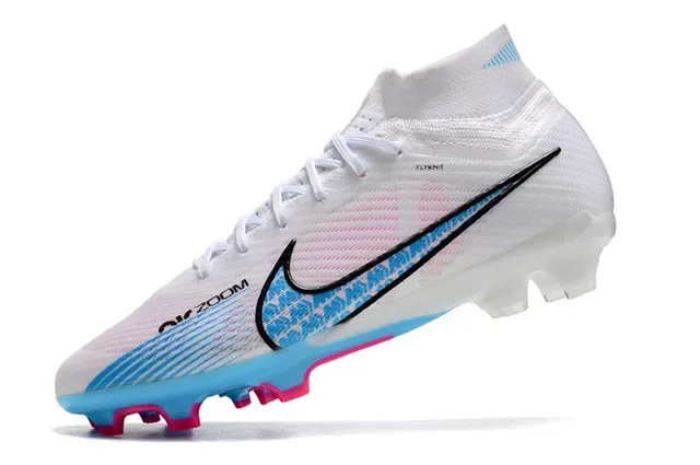 Nike Sapatos de Futebol Brancos Azuis Colar de Meia Sola Translucida Campo Firme 3