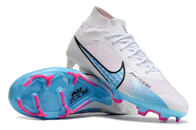 Nike Sapatos de Futebol Brancos Azuis Colar de Meia Sola Translucida Campo Firme 4