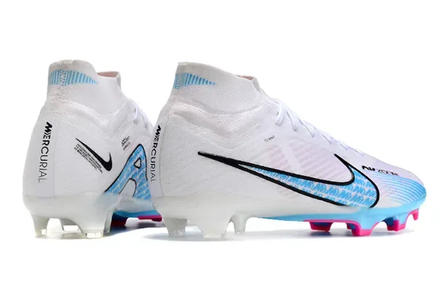 Nike Sapatos de Futebol Brancos Azuis Colar de Meia Sola Translucida Campo Firme 5