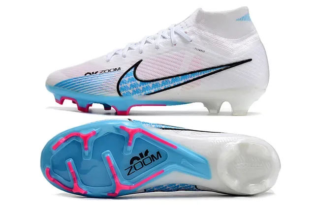 Nike Sapatos de Futebol Brancos Azuis Colar de Meia Sola Translucida Campo Firme 6