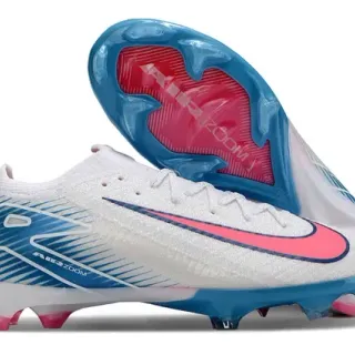 Nike Sapatos de futebol branco e rosa Low-Cut Knit Upper Dynamic Cage Overlay Firm-Ground