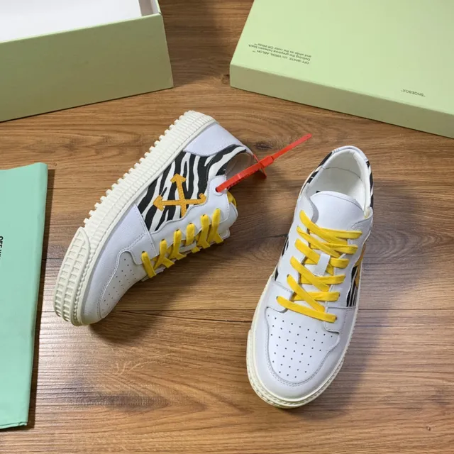 Off-White Jaune Perforé Cuir Bout Zébré Côté Panneau Style de vie Sneakers 5
