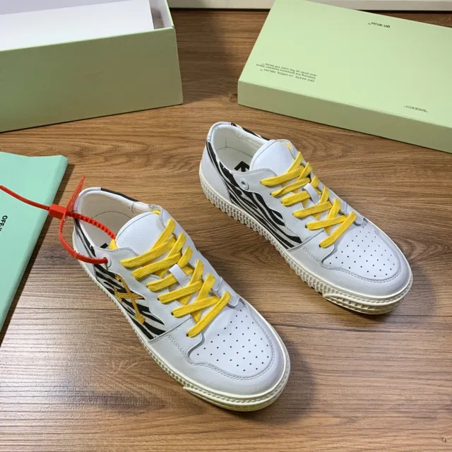 Off-White Jaune Perforé Cuir Bout Zébré Côté Panneau Style de vie Sneakers 7