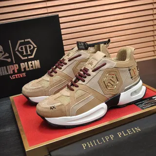Philipp Plein Active বেইজ বার্গান্ডি সোল হেক্সাগোনাল লোগো প্ল্যাক চাঙ্কি স্নিকার্স