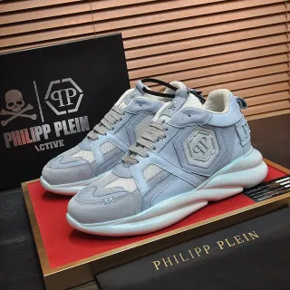 Philipp Plein Active हल्का नीला लेयर्ड लेदर एंड मेश चंकी स्नीकर