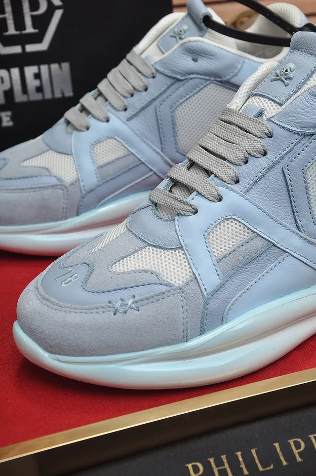 Philipp Plein Active Light Blue Layered Leather and Mesh Chunky Sneakers 3