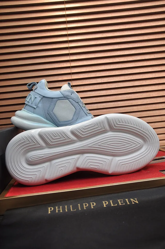 Philipp Plein Active Light Blue Layered Leather and Mesh Chunky Sneakers 4
