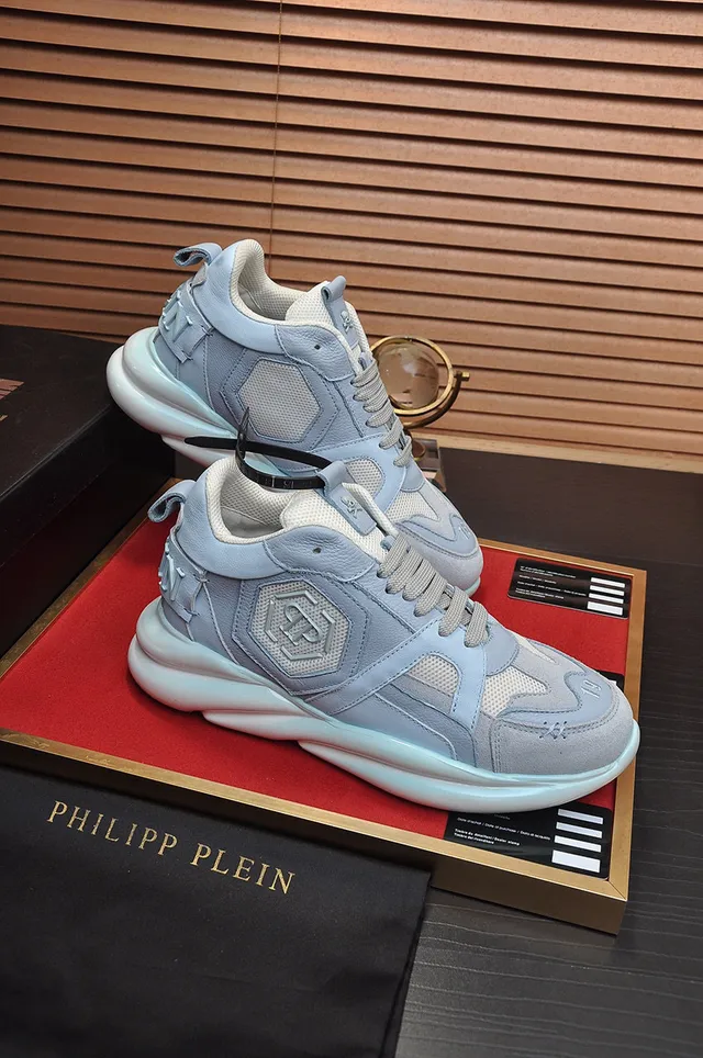Philipp Plein Active Light Blue Layered Leather and Mesh Chunky Sneakers 5