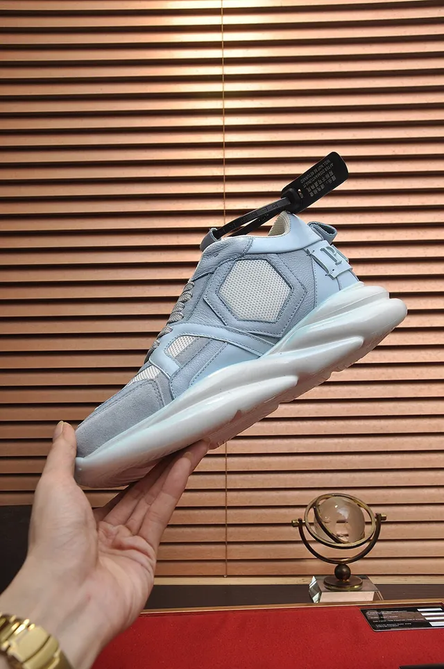 Philipp Plein Active Light Blue Layered Leather and Mesh Chunky Sneakers 6