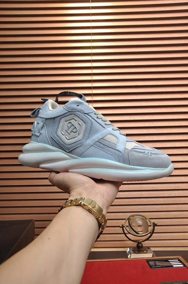 Philipp Plein Active Light Blue Layered Leather and Mesh Chunky Sneakers 7