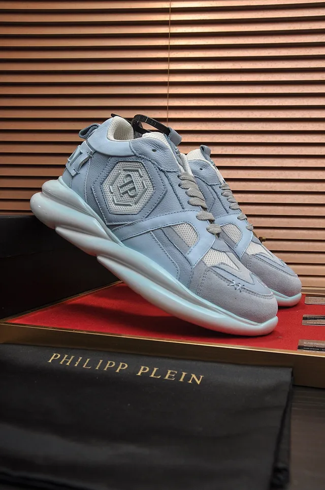 Philipp Plein Active Light Blue Layered Leather and Mesh Chunky Sneakers 8