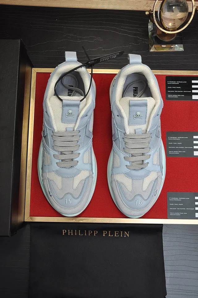 Philipp Plein Active Light Blue Layered Leather and Mesh Chunky Sneakers 9