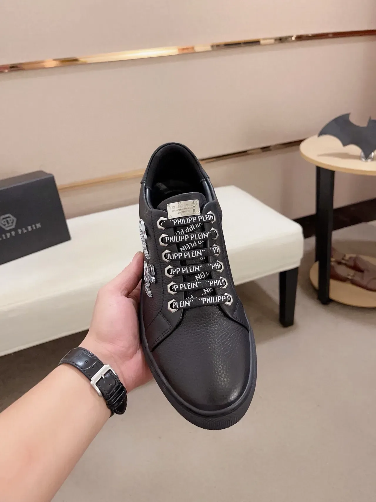 Philipp Plein काला चमड़े का Script Logo लाइफस्टाइल स्नीकर्स 2