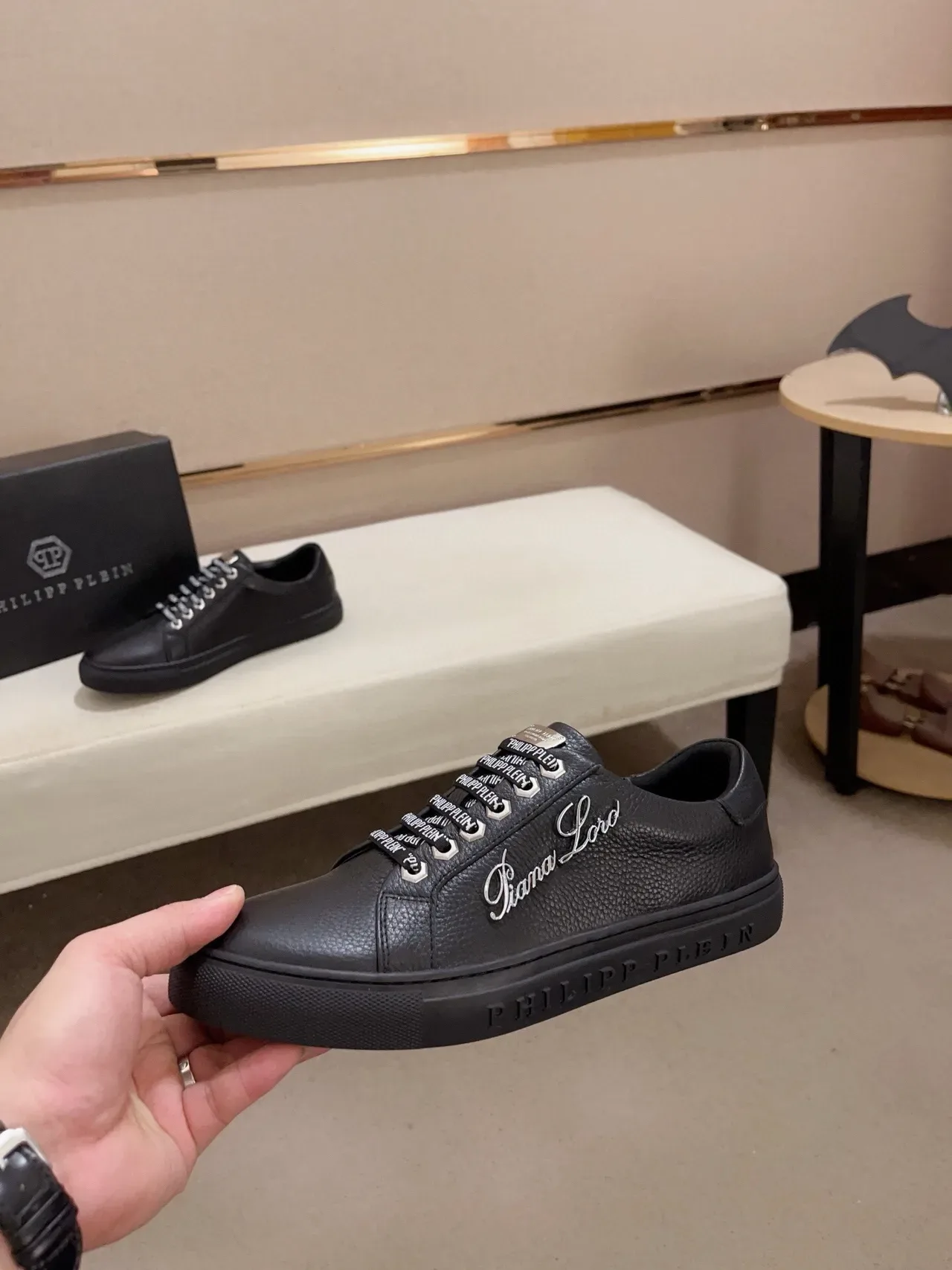 Philipp Plein काला चमड़े का Script Logo लाइफस्टाइल स्नीकर्स 3